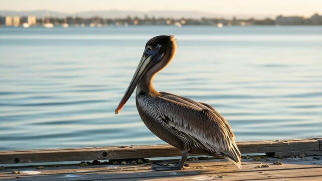 Brown pelican perched on a wooden dock by the water
