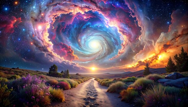 A dirt path leads to a horizon under a swirling, colorful nebula sky, with bright lights and cosmic clouds