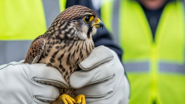 Closeup of a kestrel bird held by a gloved hand