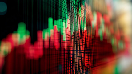 Abstract stock market visualization with red and green trading chart on digital display. Financial data graph showing investment performance with glowing technical indicators against dark background.
