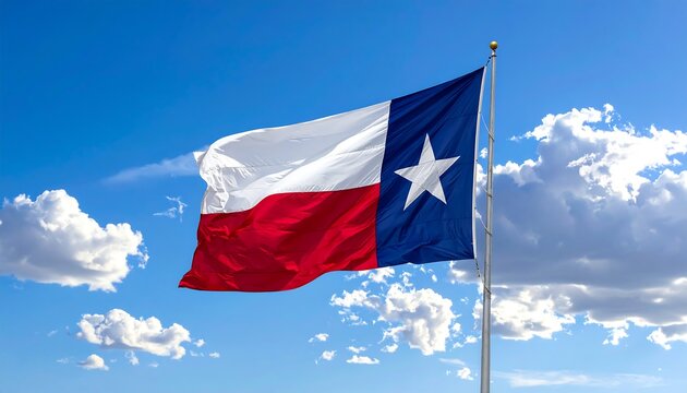 A Texas flag is waving proudly against a bright blue sky with fluffy white clouds on a sunny day