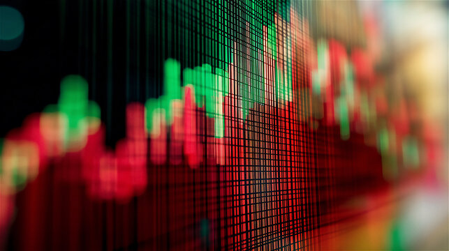 Abstract stock market visualization with red and green trading chart on digital display. Financial data graph showing investment performance with glowing technical indicators against dark background.