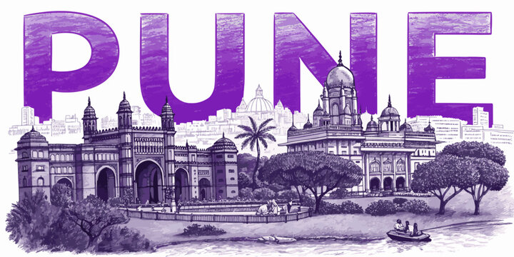 Pune Skyline Sketch with Cultural Landmarks for Tourism &ndash; Hand-Drawn Vector Featuring Shaniwarwada, Dagdusheth Temple, Aga Khan Palace, and University Dome &ndash; Perfect for Travel Posters and Souvenirs