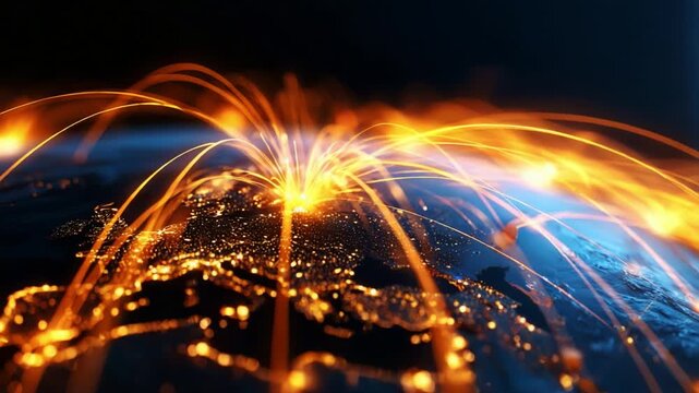 A Stunning Visualization of Global Connectivity: Illuminated Networks Between Cities Highlighting the Flow of Information and Data Across Continents and Time Zones