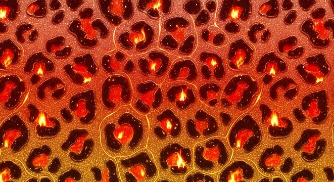 Fiery leopard print with glitter and sparkle, a vibrant and luxurious animal pattern with warm red and orange tones