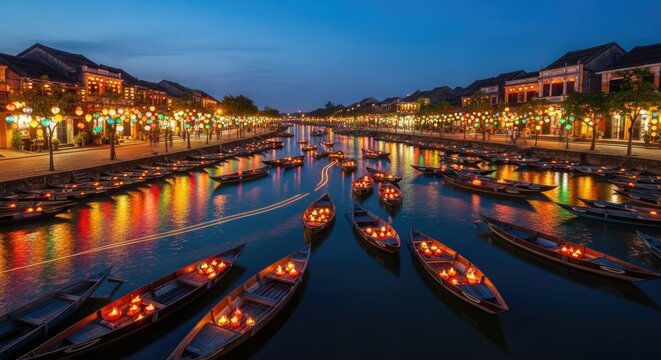Nighttime View of Hoi An Ancient Town in Vietnam: A Captivating River Scene Illuminated with Lanterns and Boats Reflecting Colorful