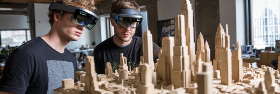 Young Men Using Augmented Reality Headsets to Explore a Detailed Architectural Model in a Modern Office Space - Powered by Adobe