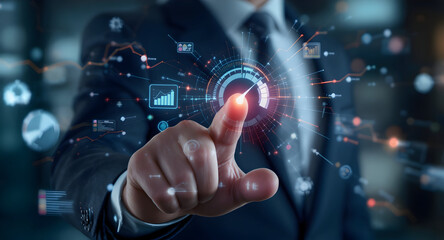 Fototapeta premium Businessmans Hand Interacting with Futuristic Data