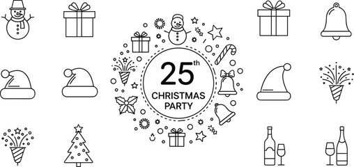 Christmas party line art illustration, 25th celebration design, winter holiday icons, Santa hat, gifts, snowman, bell, champagne, Christmas tree