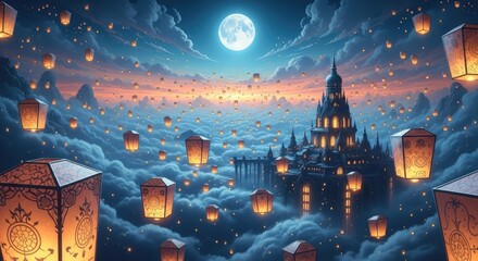 Sky Lantern Festival at Fairytale Castle: Night Sky Celebration and Cultural Traditions in a Dreamy Cloudscape with Glowing Lanterns.