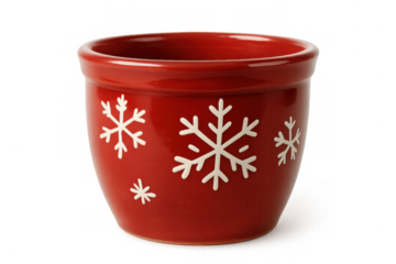 Red ceramic pot with white snowflakes, holiday decoration for christmas and winter, transparent background