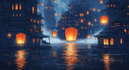 Spectacular Floating Lantern Festival Over Water with Asian Architecture, a Breathtaking Digital Illustration of Serenity and Tradition Combined Beautifully.