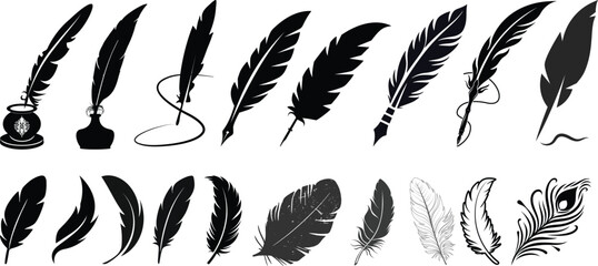 Set of detailed majestic feather collection. Bird Feather black silhouettes. Plumelet collection. Vector isolated on white.Detailed majestic feather collection. Feather Set icon, logo isolated