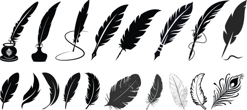 Set of detailed majestic feather collection. Bird Feather black silhouettes. Plumelet collection. Vector isolated on white.Detailed majestic feather collection. Feather Set icon, logo isolated
