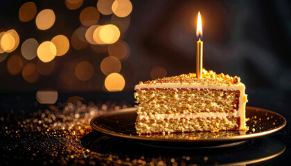 Elegant gold-accented birthday cake slice with slender candle