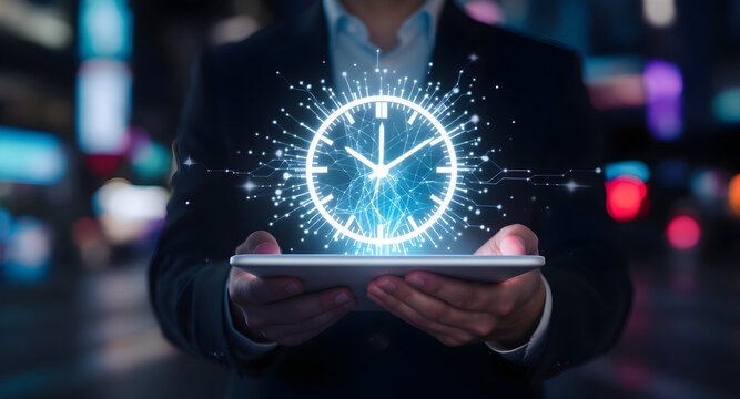 Businessman Holding Tablet with Digital Clock Display