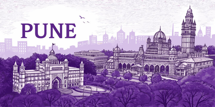 Pune Skyline Sketch with Cultural Landmarks for Tourism &ndash; Hand-Drawn Vector Featuring Shaniwarwada, Dagdusheth Temple, Aga Khan Palace, and University Dome &ndash; Perfect for Travel Posters and Souvenirs