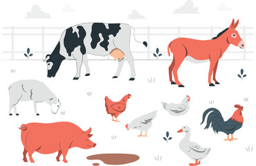 Farm animals grazing in a field with a fence and clouds donkey sheep