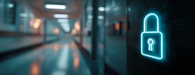 Digital lock icon symbolizing security in hospital corridor environment  