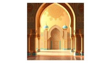 Entrance to the mosque, a modern 3D Islamic background. A serene interior of a mosque featuring intricate arches and vibrant geometric patterns.