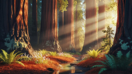 cinematic golden forest with sunlight streaming through tall trees, soft mist curling between trunks, delicate shadows, luxurious lush foliage