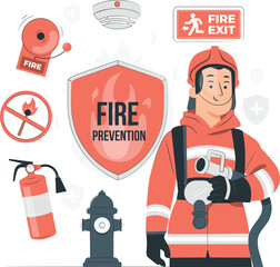 Firefighter and fire prevention equipment with safety symbols vector illustration
