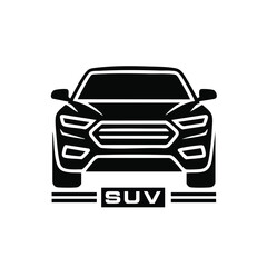 Front View SUV Icon, SUV Vehicle Silhouette with Text, Car Rental or Automotive Service Icon, 