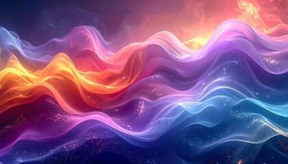 A vibrant, flowing abstract of layered colors resembling ethereal waves, blending fiery oranges with deep blues and purples