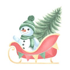 Snowman with Christmas tree rides in red sleigh with gold trim. Hand drawn watercolor kids illustration isolated. Santa Claus carriage, winter holiday clipart for greeting card, wrapping, sticker.