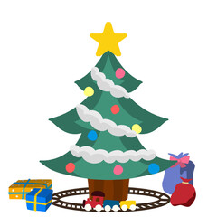 クリスマスツリーとおもちゃの汽車とプレゼントのイラスト