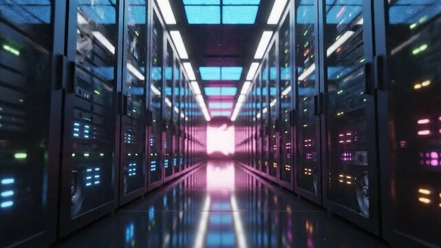 Futuristic data center server corridor with neon lights and glowing racks showing cloud ai network infrastructure and cybersecurity workflow. Futuristic server corridor with neon lights