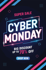 Vector art of cyber monday super sale banner with a big discount up to 70 off, featuring glowing neon text and a dark blue background with abstract geometric shapes and lines
