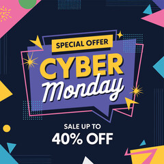 Vector art of cyber monday special offer with sale up to 40 off, featuring bold typography and geometric shapes on a dark background, perfect for online retail promotions