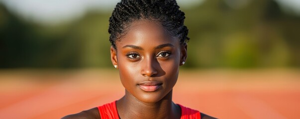 Fitness strength regimen concept. Portrait of a confident athlete on a track field, showcasing determination and strength.