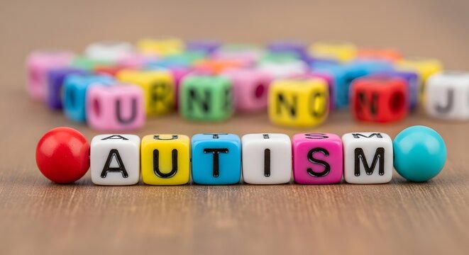 Autism spelled out in colorful blocks with other blocks in the background. - Powered by Adobe