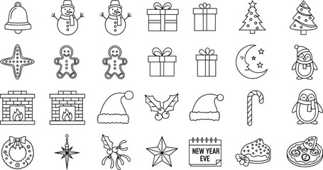 Winter holiday line art icons set featuring Christmas gifts, snowmen, trees, penguins, decorations, New Year symbols, fireplace, festive food elements