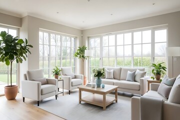 Spacious Contemporary Living Room Interior with Stylish Modern Furniture, Natural Lighting, Elegant Decor, and Cozy Minimal Aesthetic Design