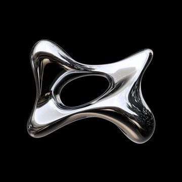 Futuristic chrome liquid shape, abstract 3d metallic blob, organic silver mercury element on black background