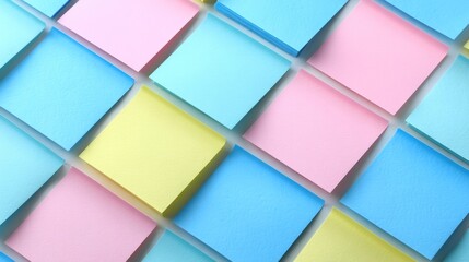 A vibrant arrangement of colorful sticky notes in pink, blue, and yellow, providing a playful and organized workspace aesthetic.