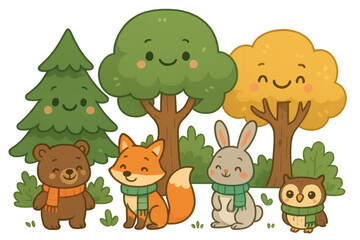 Fototapeta premium Woodland animals with cute scarves standing near smiling trees in a forest scene, featuring bear, fox, rabbit, and owl