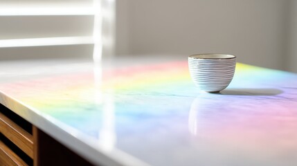 A serene scene featuring a striped bowl on a reflective surface, illuminated by sunlight creating a colorful spectrum on the table.