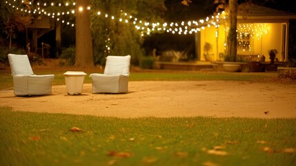 A serene nighttime outdoor setting featuring two striped chairs, a small table, and string lights illuminating a cozy backdrop.
