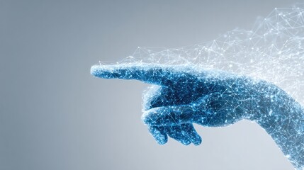 Digital Touch: A luminous digital hand, constructed from countless connected particles, extends a finger in a gesture of connection. Illustrating innovation, futuristic concepts.
