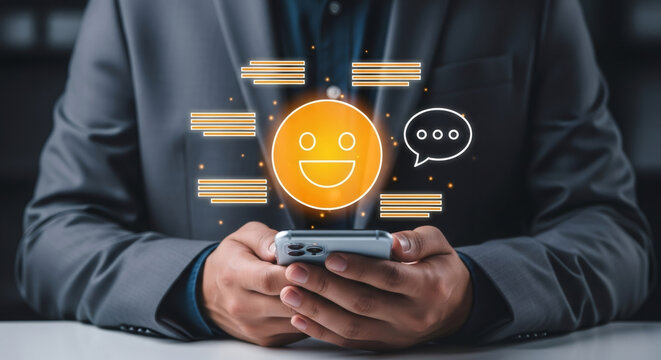 Man holding smartphone with glowing happy face emoji and chat bubbles, representing customer satisfaction and feedback.