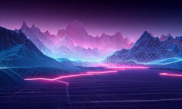 Abstract retrofuturistic synthwave landscape featuring a polygonal mountain range under a vibrant neon grid sky with glowing lines and geometric shapes creating a digital vista