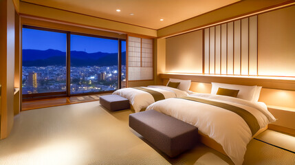A room in a hotel with a sophisticated, Japanese-inspired modern feel and views of the night scape