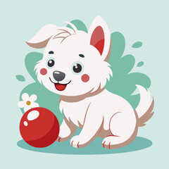 Cute white puppy sitting with a red ball and flower silhouette