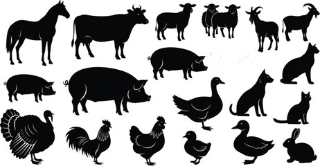 Naklejka premium Farm Animal Silhouettes , a collection of various farm animals silhouetted, ideal for designs related to agriculture and rural life, including animals such as horses, cows, sheep, goats, pigs.