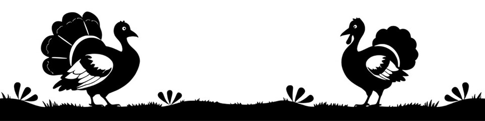 Black and white illustration featuring two cartoon turkeys facing each other, standing in a field of grass. Simple, vector style suitable for a banner or Thanksgiving decoration.