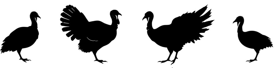 A collection of four turkey silhouettes, each in a distinct pose. Two turkeys have their tails fanned out, showcasing their plumage, while the other two stand in a more relaxed, upright posture.